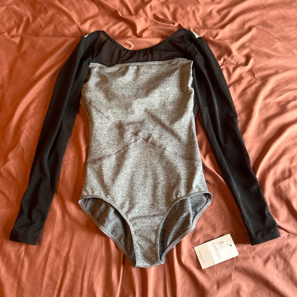 Brand new Capezio women’s gray ballet leotard with black mesh long sleeves